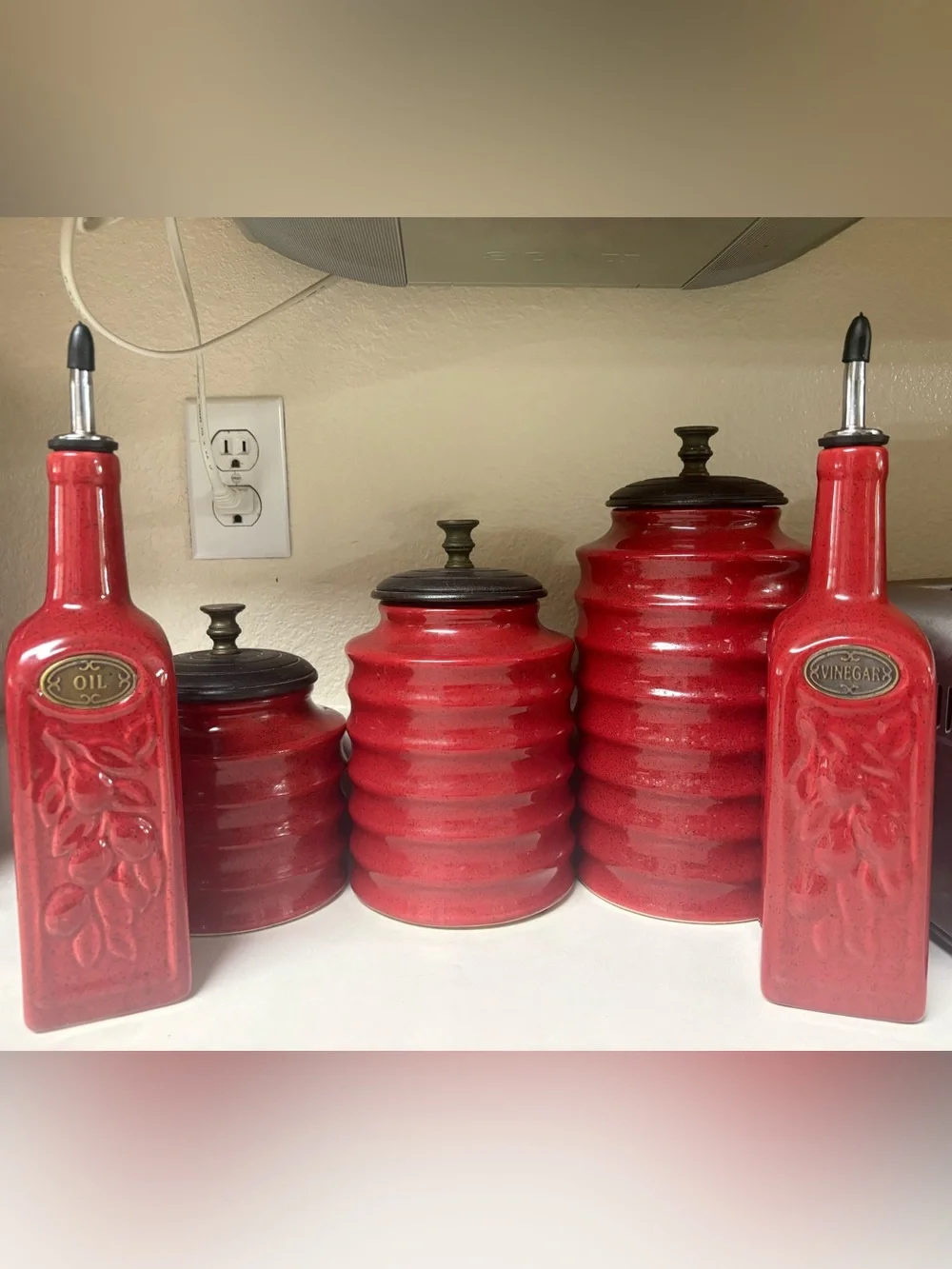 EUC Pier 1 Imports Red Ribbed Ceramic Canister/Oil & Vinegar Set